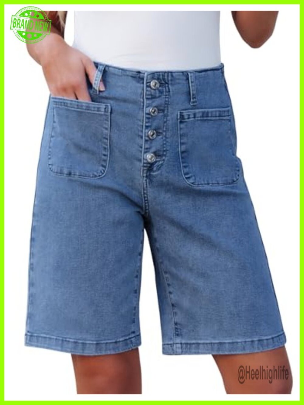 High Waisted Bermuda Jean Shorts Stretchy Denim Button Fly